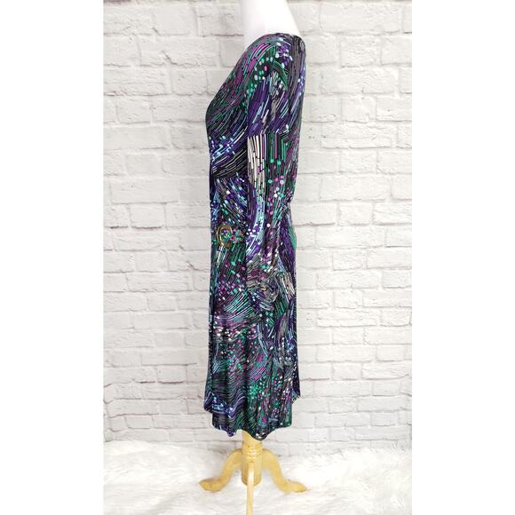 Cache Purple Green Print Long Sleeve Faux Wrap Dress Cocktail Party Sz S - Picture 9 of 15